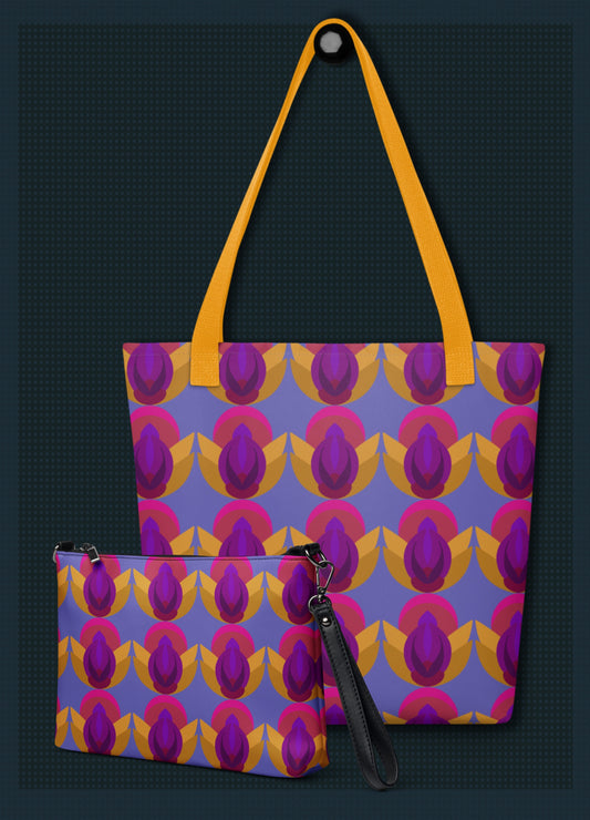 Retro Lotus Patterned Coordinating Crossbody Bag + Tote