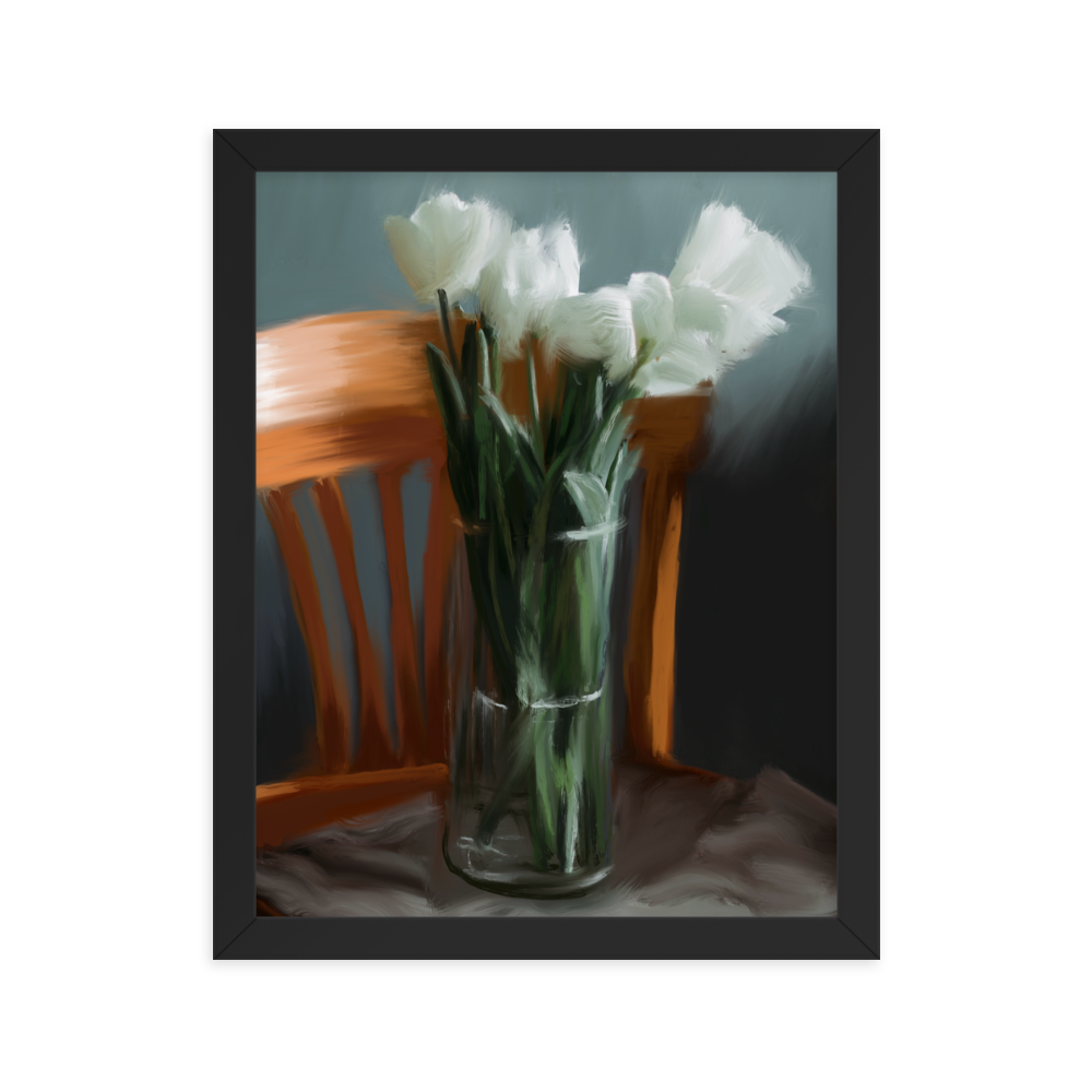 Tulips in Chair Framed Print