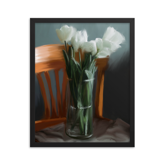 Tulips in Chair Framed Print