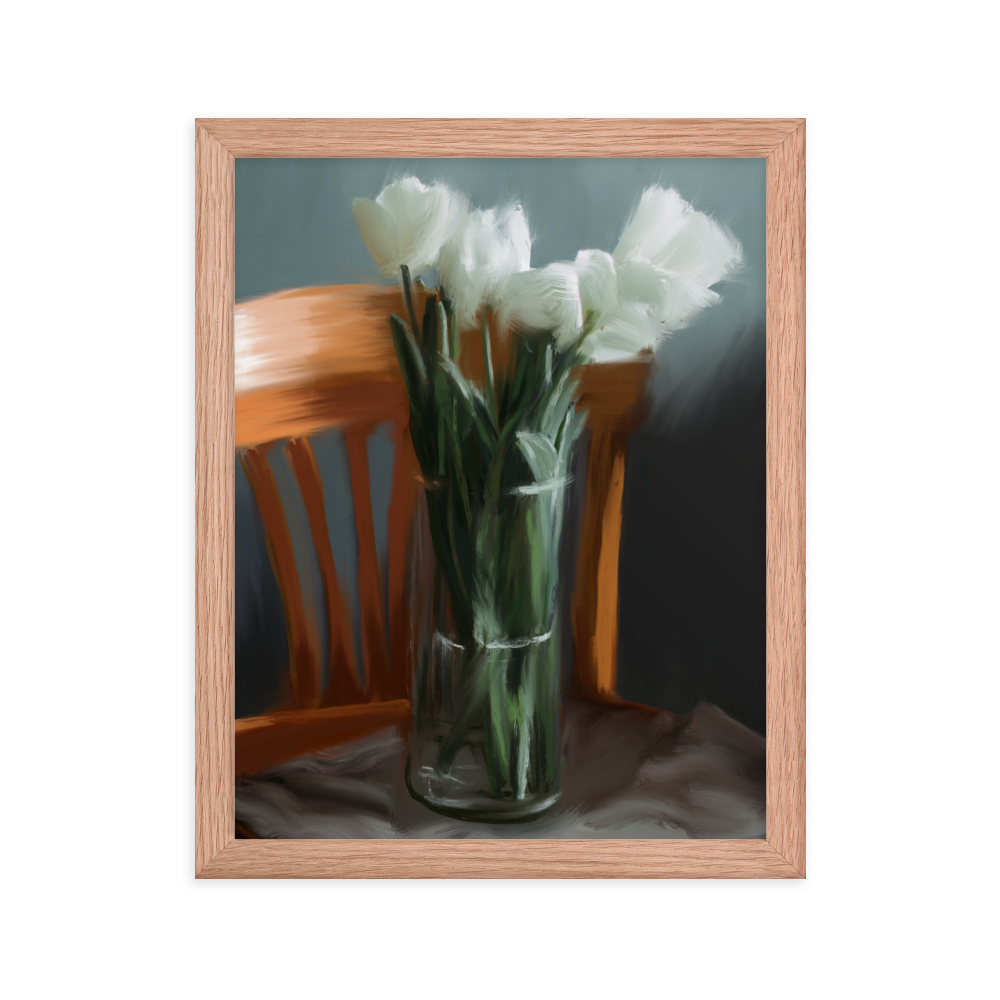 Tulips in Chair Framed Print