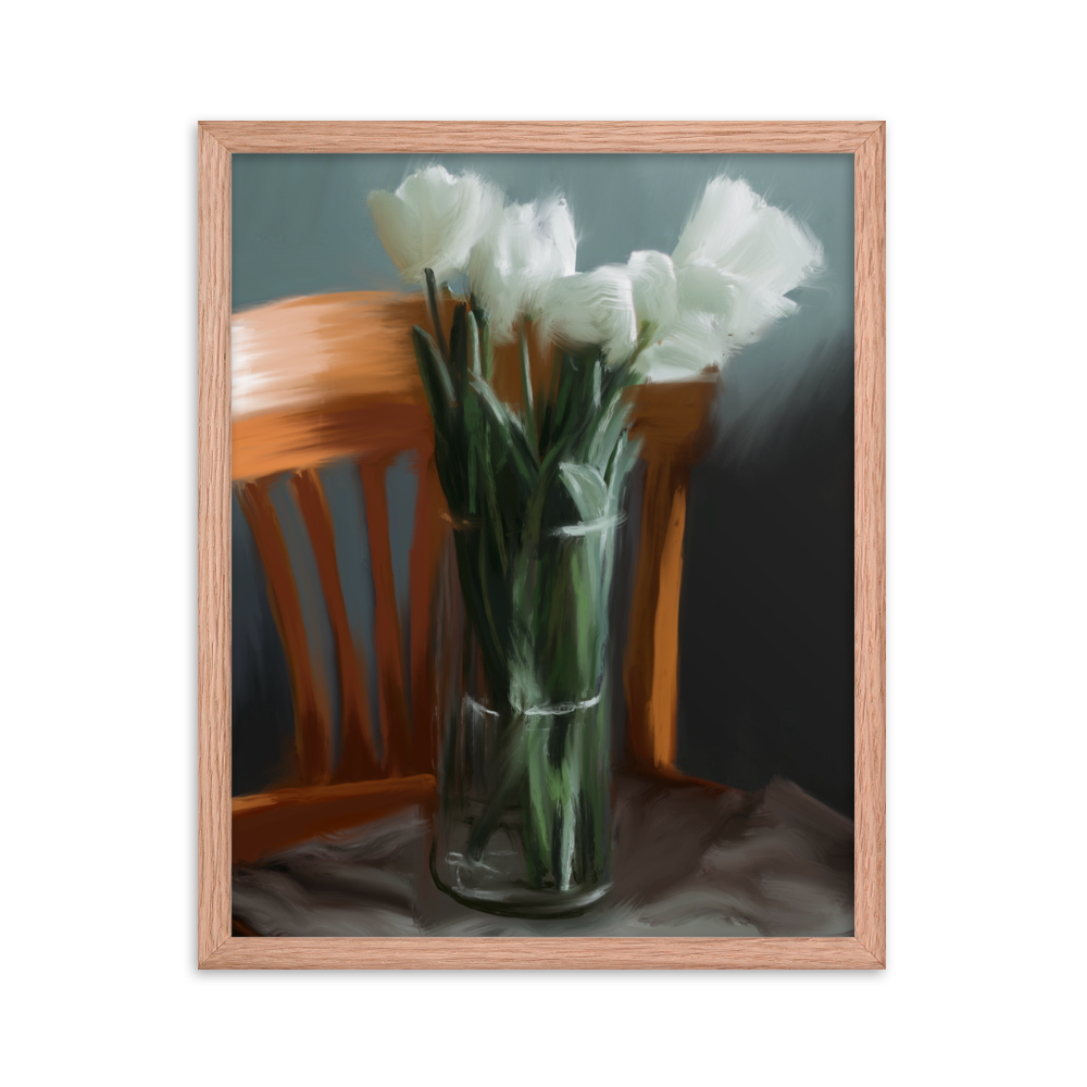 Tulips in Chair Framed Print