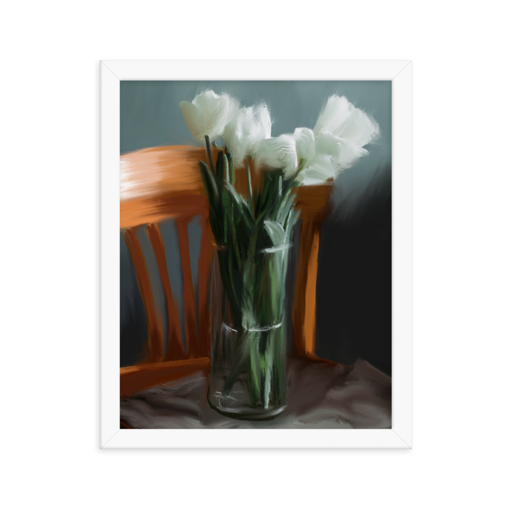 Tulips in Chair Framed Print