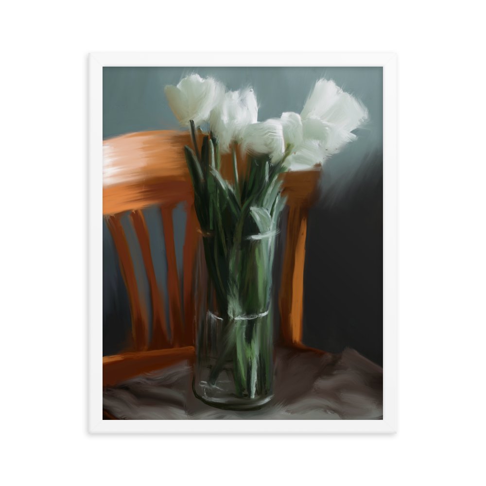 Tulips in Chair Framed Print